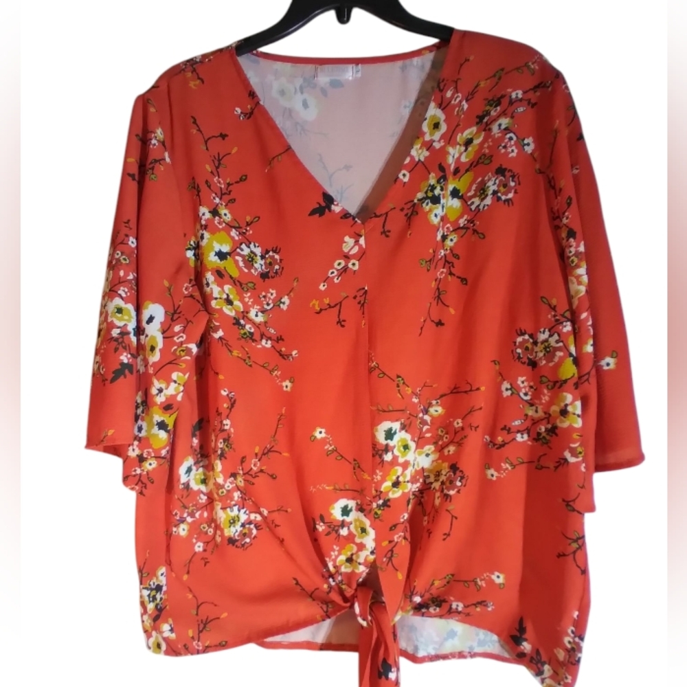 Blue Time Womens Floral V-Neck Tie-Front Top Size L Beachy Vacation Tropical